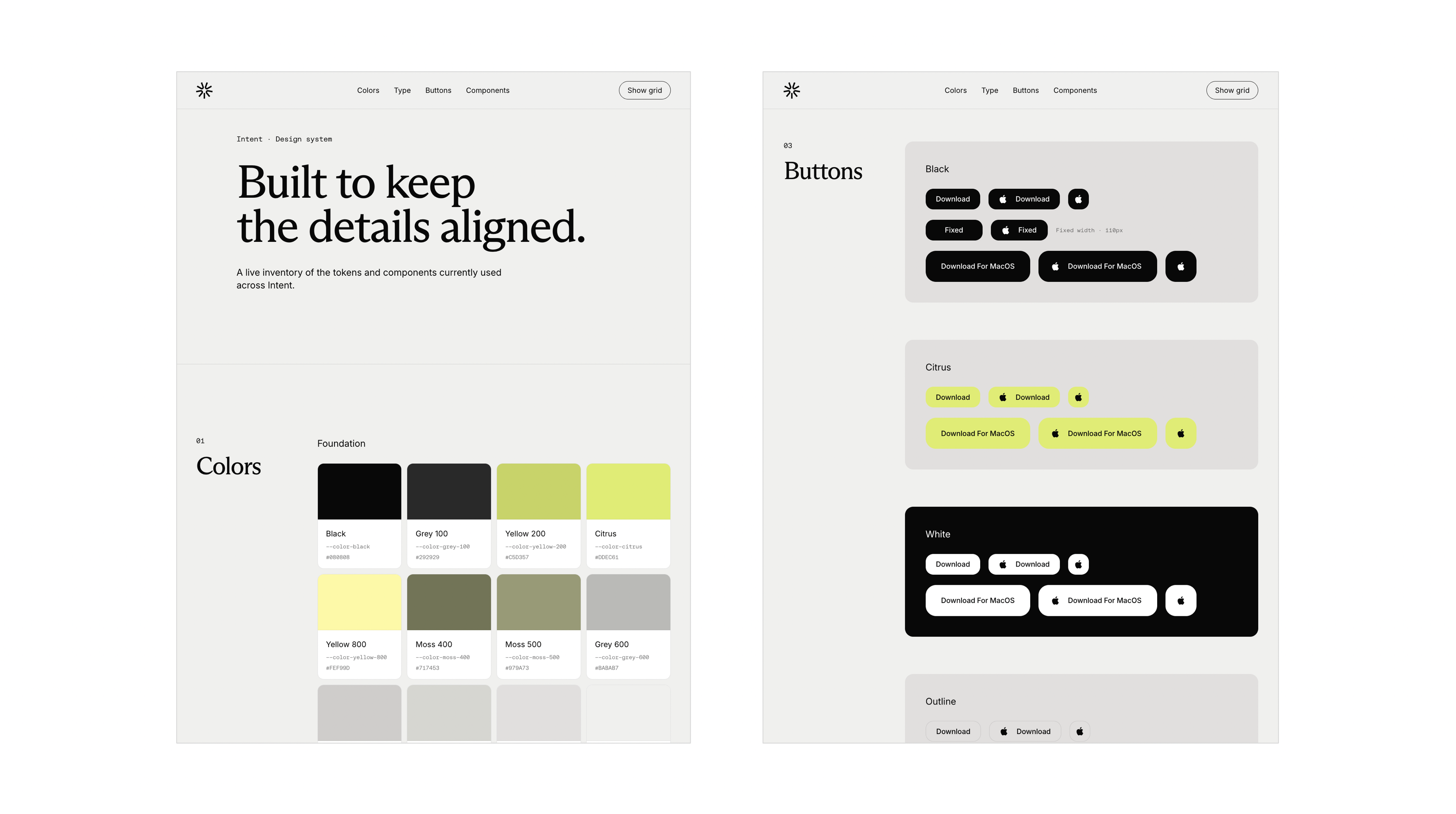 design system page for agents to apply when people make changes to the Intent website