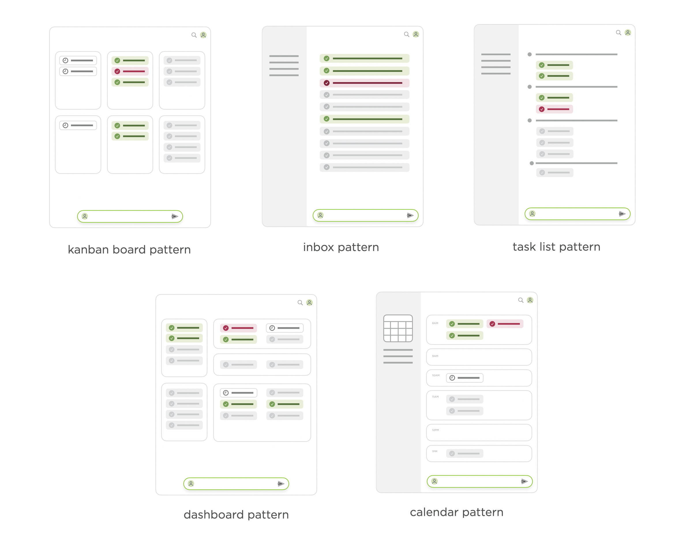 agent management interface patterns, like inbox, calendar task, list, dashboard