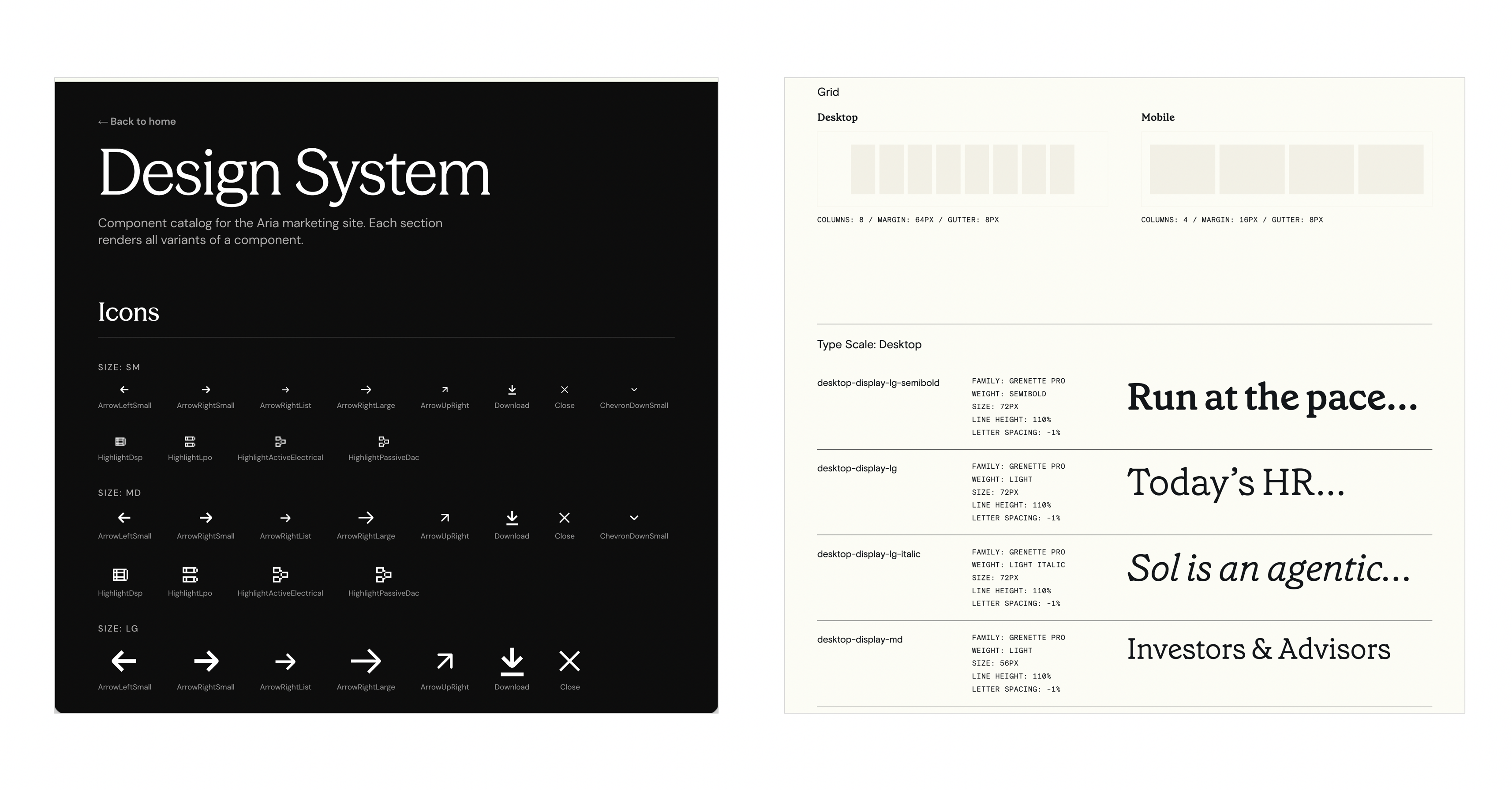 design system pages for agents to apply when people make changes to the Sol and Aria websites