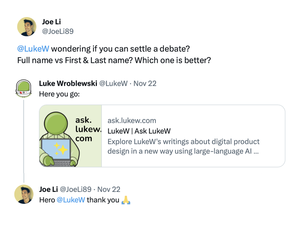Answering a tweet with an Ask LukeW link