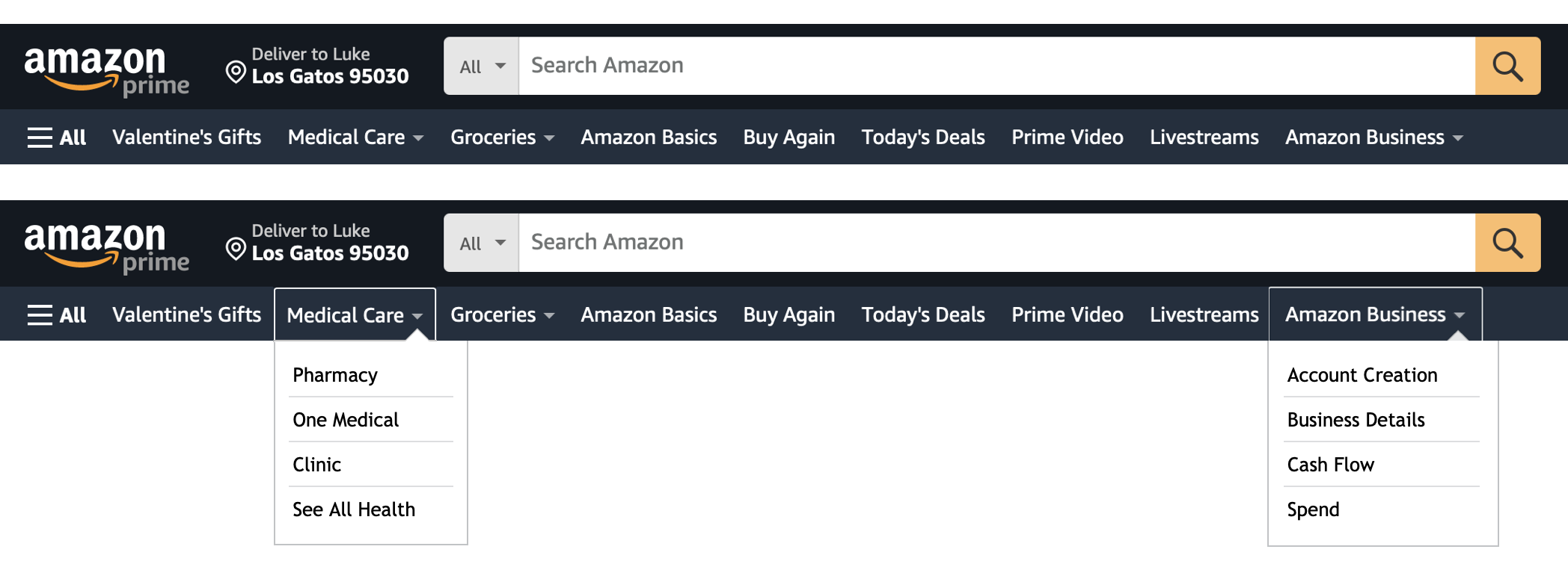 Amazon Top Level navigation menu