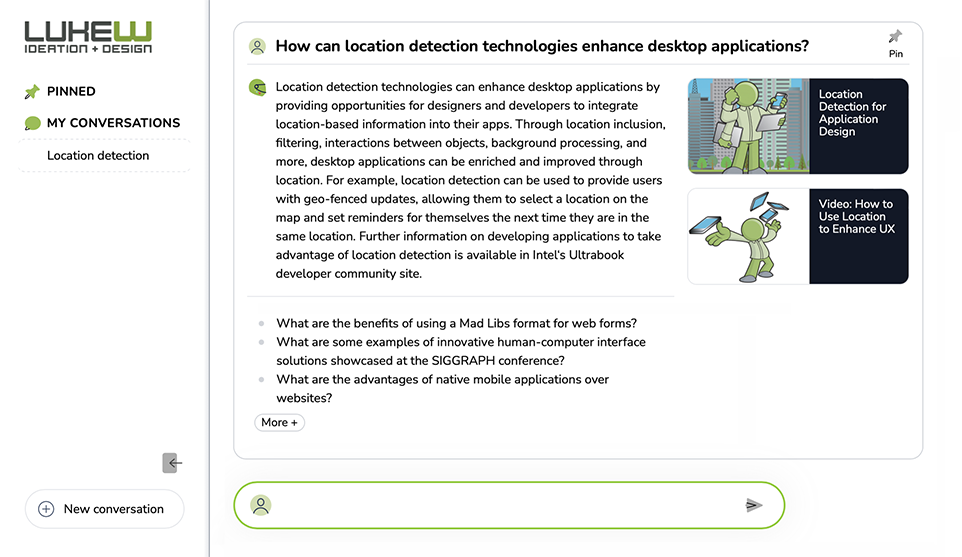 Generated answers and visual sources in the Ask LukeW interface