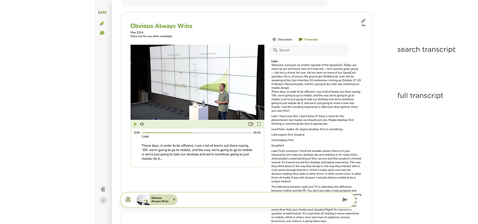Video transcripts in  the Ask LukeW interface