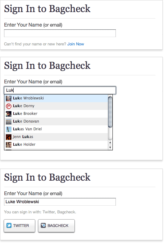 Version Three of the Bagcheck Sign In Screen