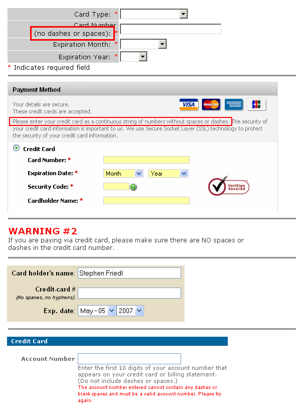 no no dashes or spaces in credit card fields