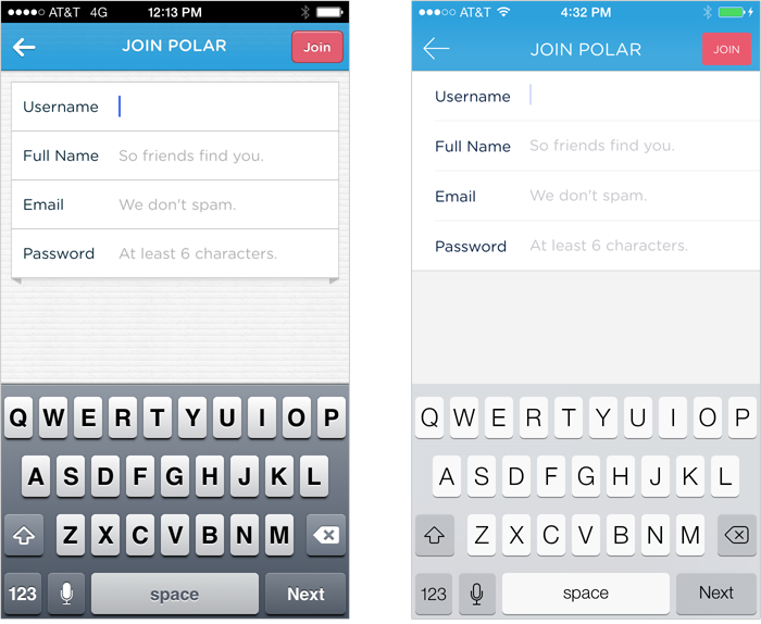 Polar before & after iOS7 redesign:forms