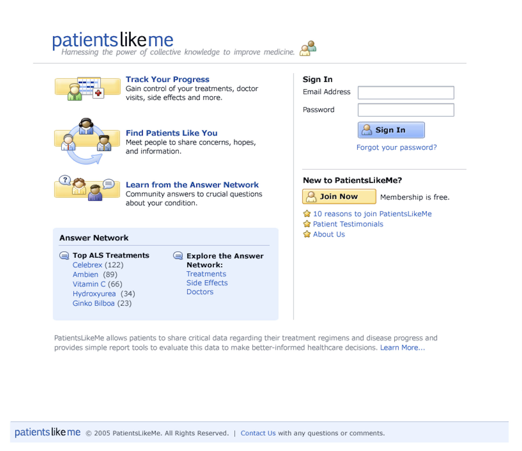 PatientsLikeMe home page v1 from 2006