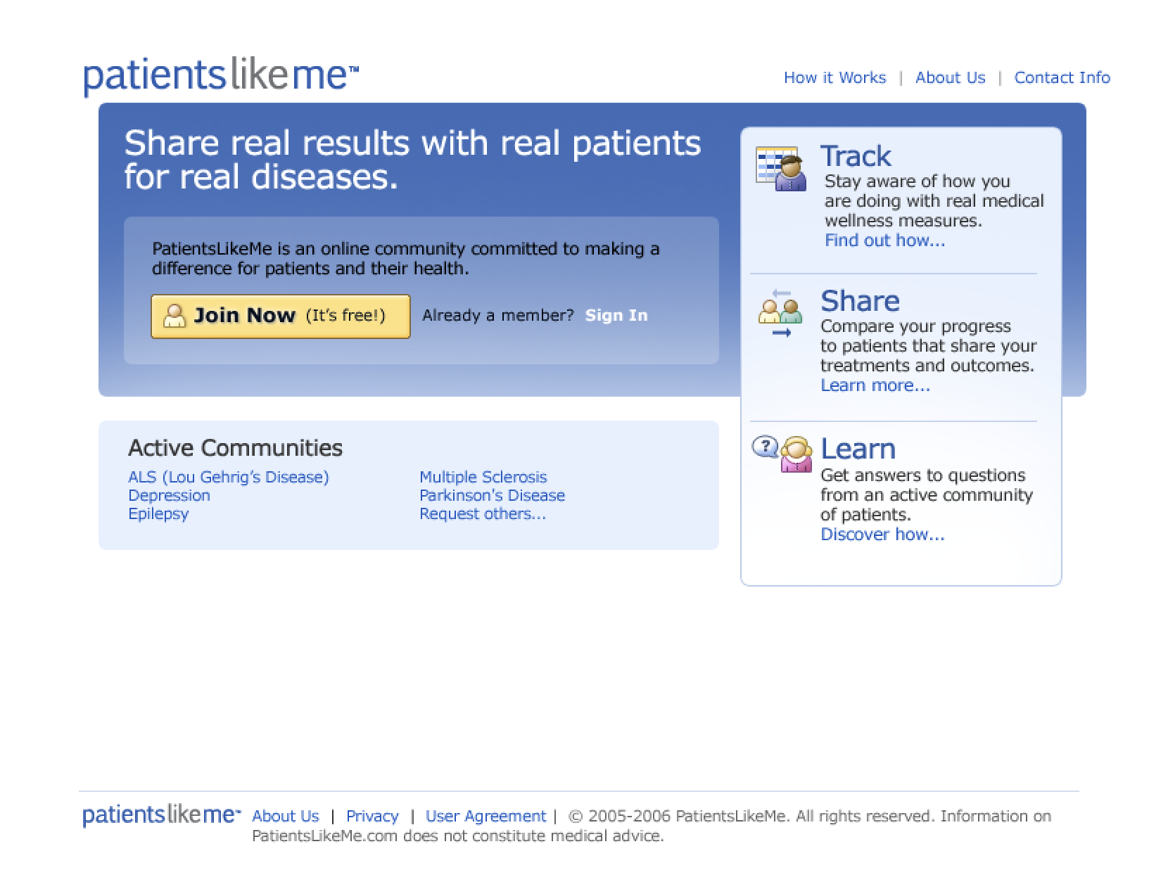 PatientsLikeMe home page v4 from 2006