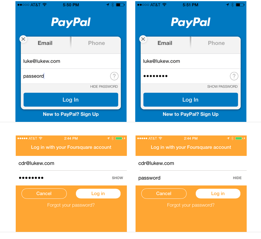 PayPal and Foursquare  Show Password